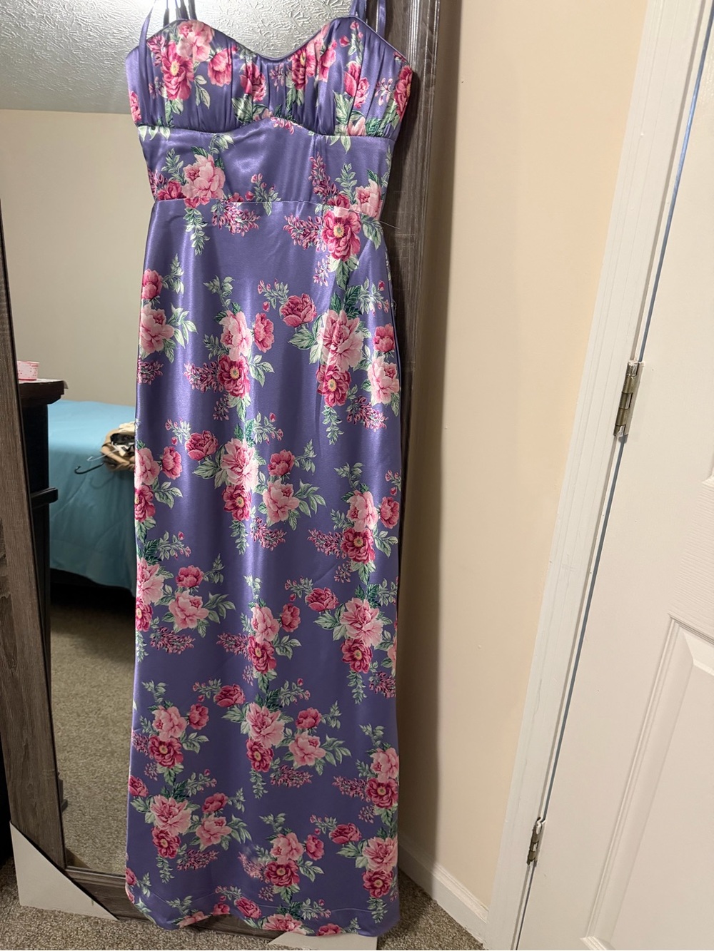 Floral Satin Maxi Skirt - Lavender with Pink Roses